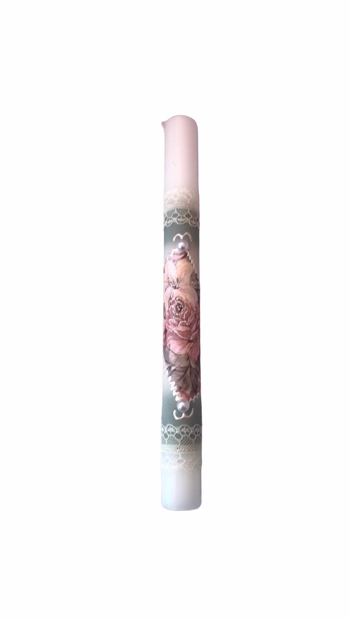 OEM Χειροποίητη Λαμπάδα-Τριαντάφυλλο με Πέρλες 25cm